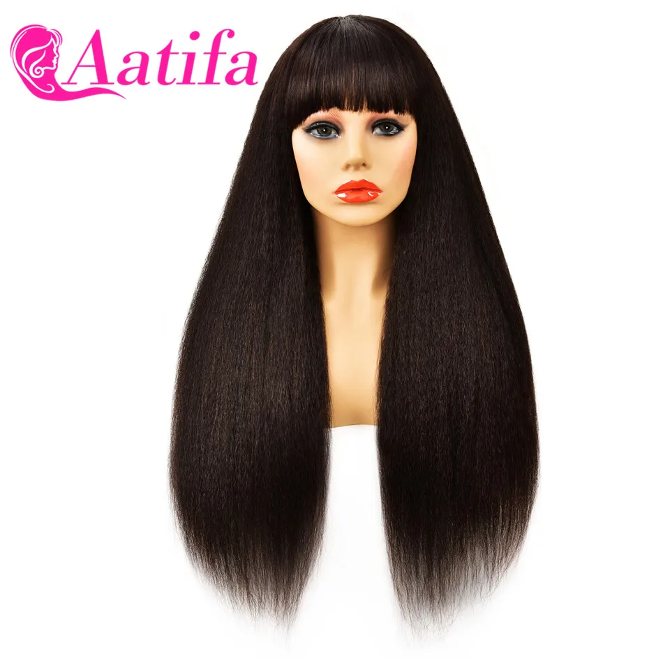 

Kinky Straight Human Hair Wigs With Bangs Full Machine Made Peruvian Natural Wave 180 Density Pre Plucked Aatifa Remy Hair Wig