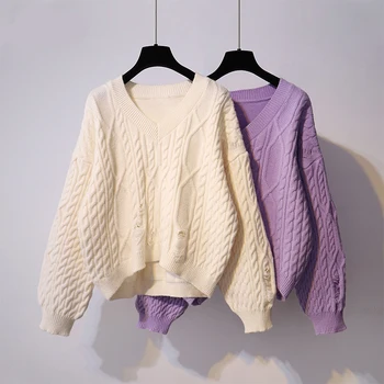 

hole solid knitted women sweater pullovers winter new o-neck lantern sleeved loose female pulls outwear tops