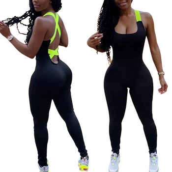 

European and American Women's Fashion Leisure Sports Jumpsuit Skinny Tight Back Cross Bandage Sports Pants