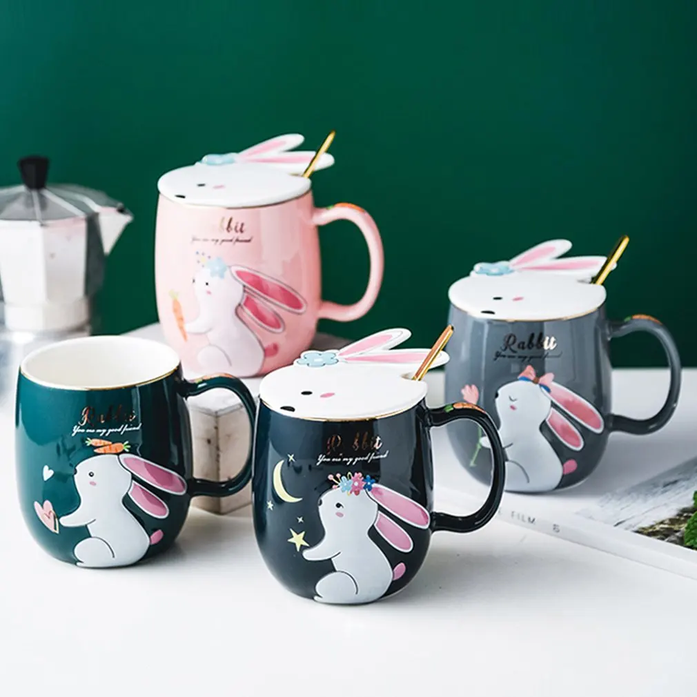 

Cartoon Cute Cup Embossed Rabbit Ceramic Cup With Lid Spoon Milk Coffee Mugs Large Capacity Belly Porcelain Water Cups