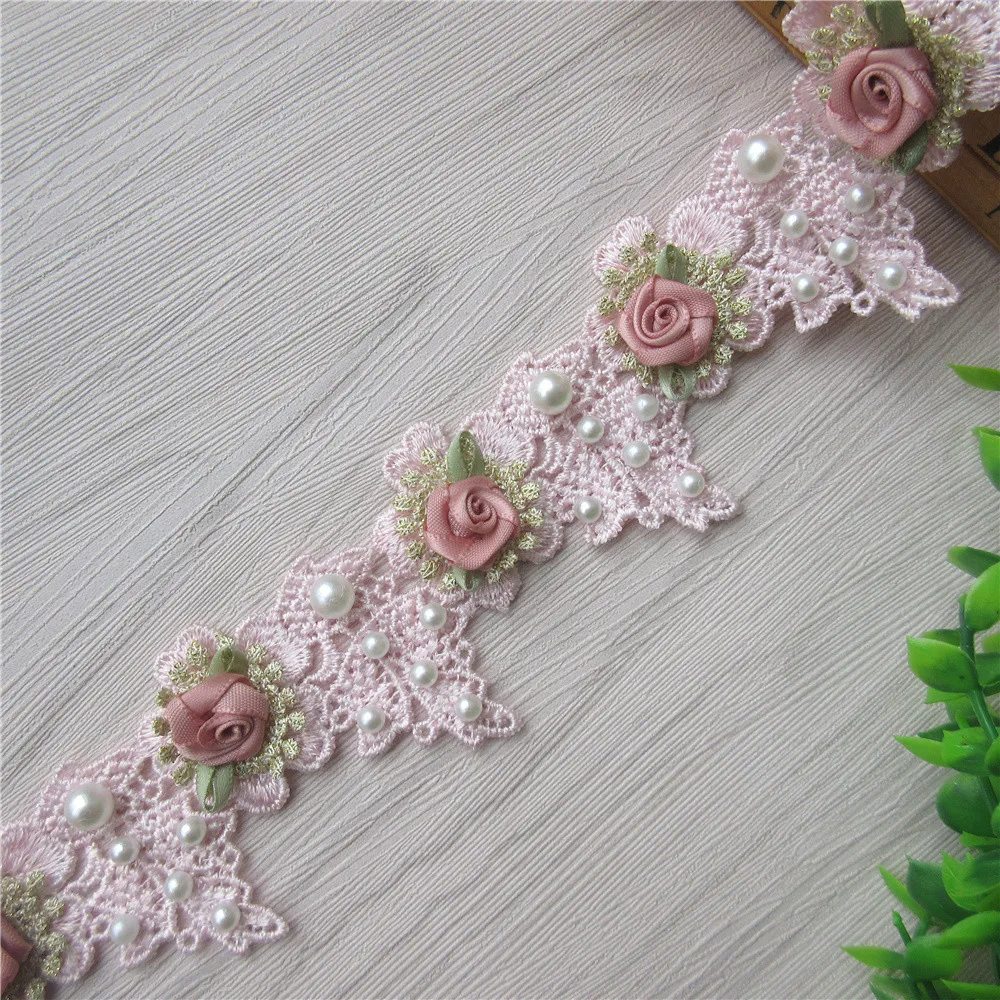 Lace Ribbon 10x Pearl Rose Flowers Gold Lace Trim Embroidered Lace Ribbon Fabric Patchwork Sewing Craft For Costume Clothes Decoration