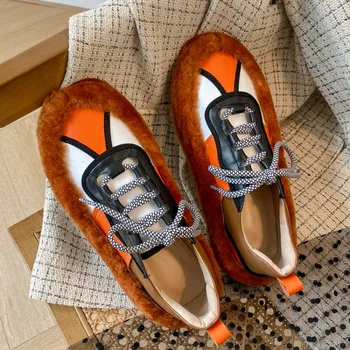 

Womens Round Toe Real Lambswool Fur Sneakers Lace Up Match Colors Genuine Leather Flats Casual Warm Winter Shoes New 2020
