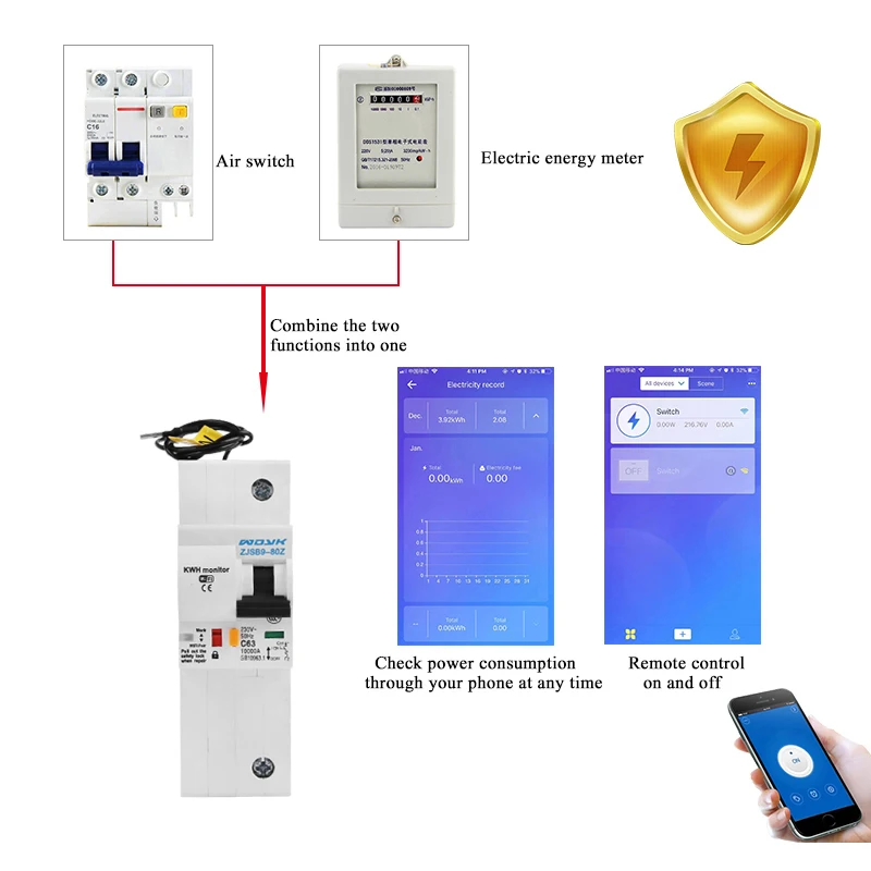  1P WiFi Smart Circuit Breaker with Energy monitoring compatible with Alexa and Google home for Smar - 33000024651