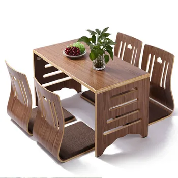 Comedor conjunto de mesa y sillas de estilo japonés asiático piso bajo de madera maciza mesa de comedor habitación Zaisu silla 5 unids/set comedor 4 sillas