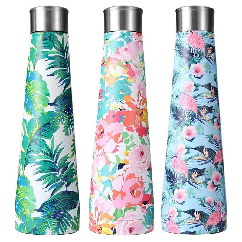 

NEW 500ml Thermal Taper Bottle Vacuum Flask Heat Water Bottle Leaf Flower Pattern Belly Cup Car Water Bottle Coke Drink Bottle