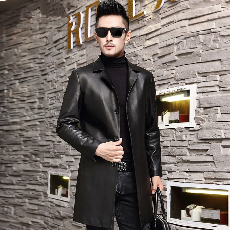 Autumn and winter new men's leather windbreaker jacket Men Sheepskin long leather jacket Plus size 6XL 7XL Genuine Leather Coat