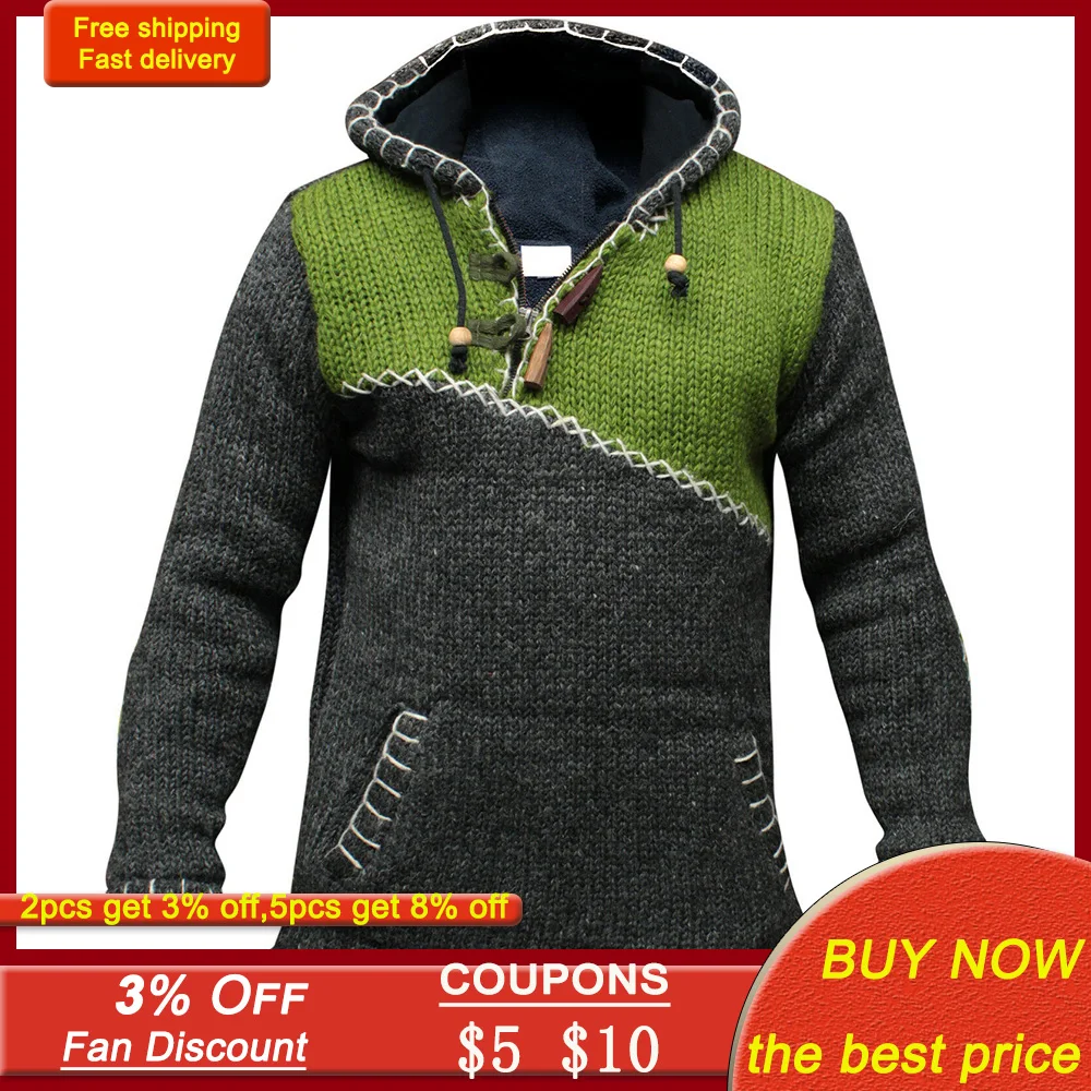 

Knitted Sweater Men Hoodie Pullover Jumper Streetwear Cropped Autumn Spring Spliced Plus Size Stitch Hooded Sweatshirt Thin Top