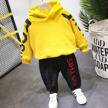 

2PCS WLG boys winter clothing set kids velvet letter hooded hoodie and thick black jean set baby boy warm fahsion clothes