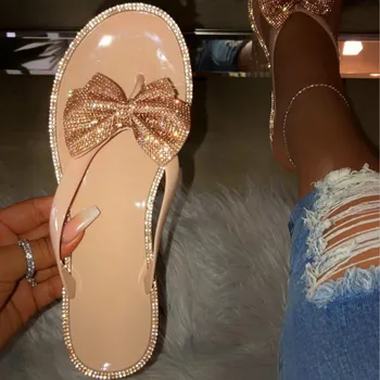 

Women's Summer Slippers Shoes Non-slip Fashion Diamond Cute Bow Flat Heel Female Slides Beautiful Crystal Woman Beach Slippers