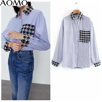 

AOMO women retro blue striped print blouse long sleeve pocket chic female casual young shirt blusas femininas 2XN183A