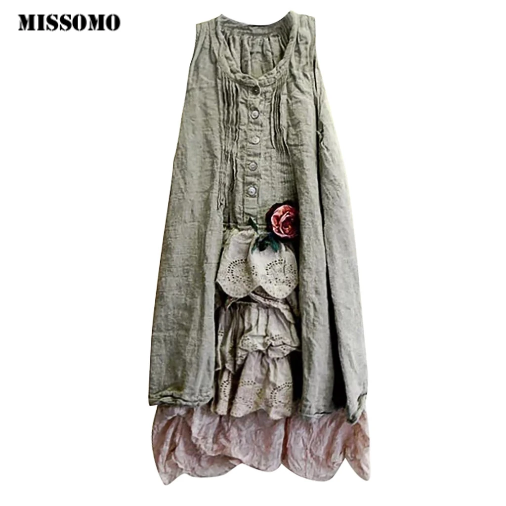 MISSOMO Summer Dresses Women O-Neck Sleevelss Pachwork Botton Women Dress girl clothes vestidos dress Plus Size 5XL 11