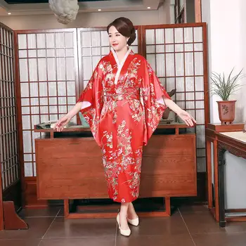 

Vintage Women Traditional Japanese Kimono Bathrobe Gown Print Flower Retro Yukata With Obi Loose Classic Novelty Cosplay Costume