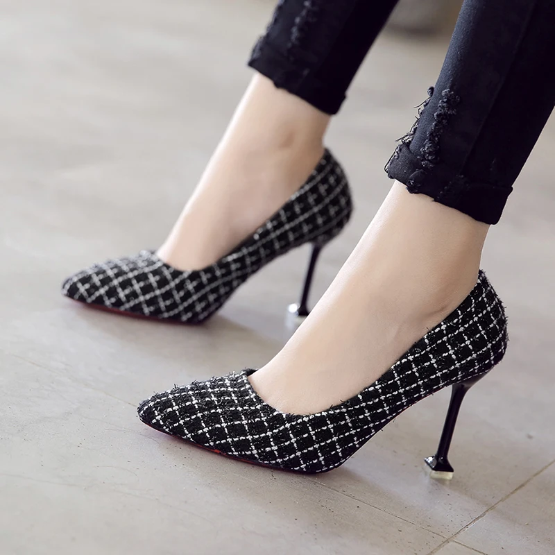 Women Dress Shoes Tweed Pumps Supper High Heels Ladies Shoes Ol Office Lady Shoes Plaid Wool Basic Pumps zapatos mujer N7798