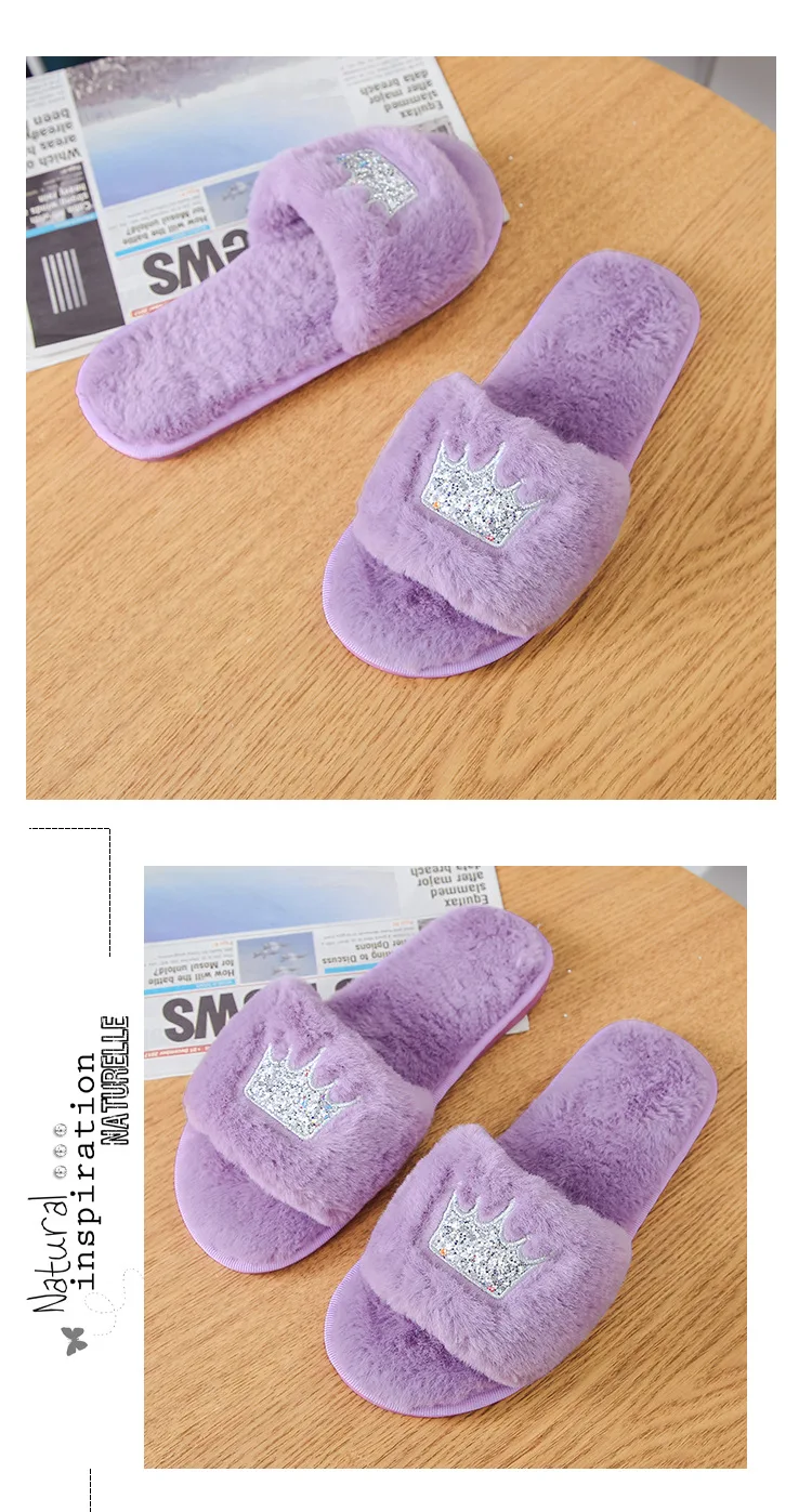 CuddlyIIPanda/женские хлопковые тапочки; Новинка; зимняя обувь на меху; обувь на плоской подошве с вышивкой; меховые шлепанцы с украшением в виде короны; роскошный плюш; женские Тапочки
