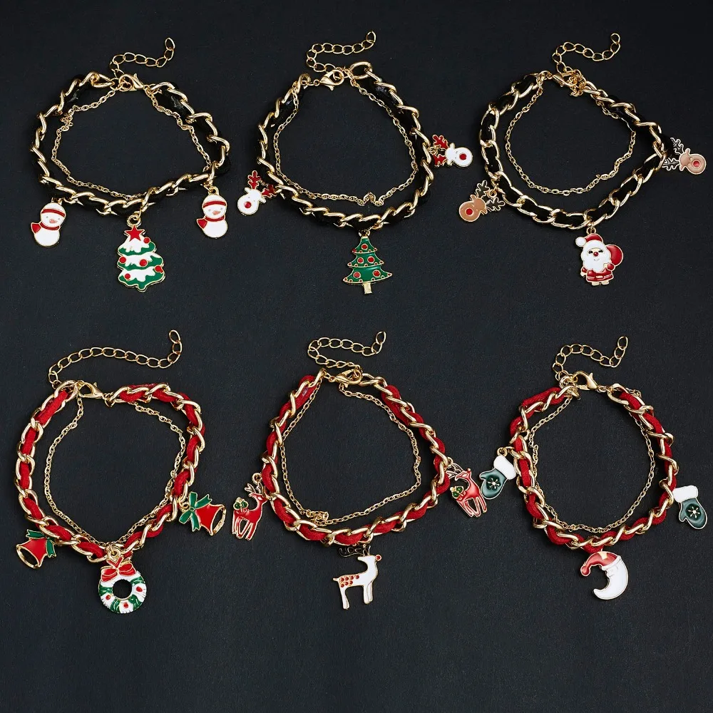 Rinhoo Christmas Adjustable Bracelets Women Santa Claus Elk Xmas Tree Gloves Wreath Snowman Moon Bells Double-layer Bracelets