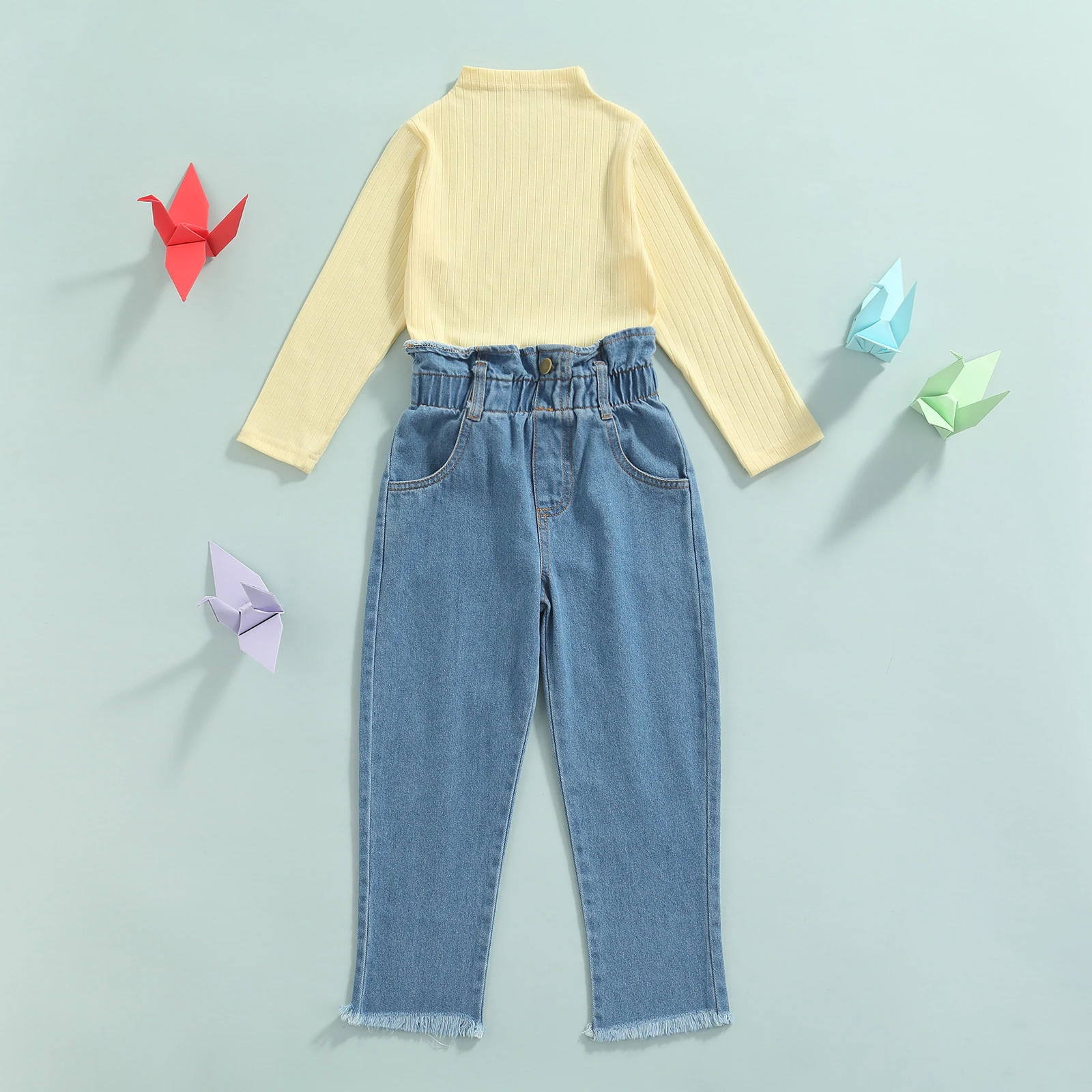 Girls Turtleneck Top & Denim Pants Set 2
