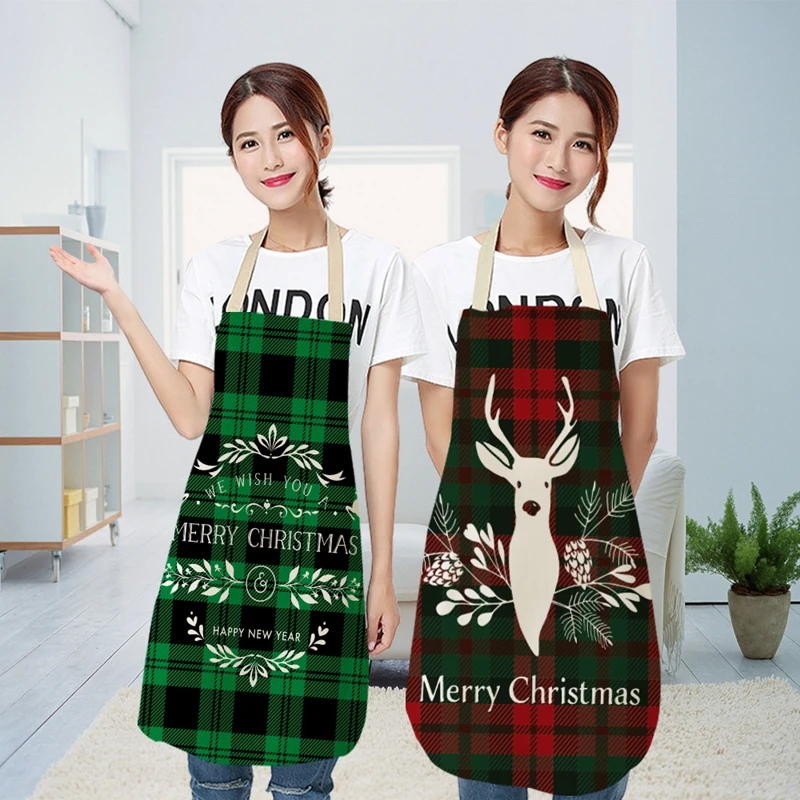 1PC Merry Christmas Apron Cute Elk Red Plaid Cotton Linen Kitchen Apron For Woman Bibs New Year Xmas Baking Cooking Accessories