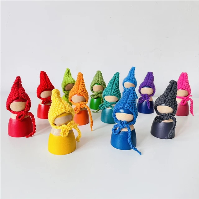 Kids Rainbow Peg Dolls with Knitting Hat Baby Pretend Play Unfinished People Figures Shape Montessori Wooden Educational Toys 5