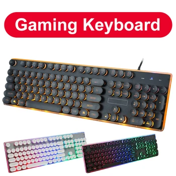 

Wired Gaming Keyboard Retro Round Glowing Keycap Metal Panel Backlit USB 104 Keycaps For Computer Tablet Desktop Game Keyboards