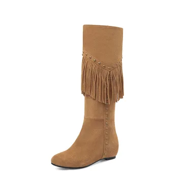 

Mature Fringe Leather Knee-High Boots Autumn Winter Punk Rivet Party Shoes For Women Ethnic Cozy Nubuck High Heels Stivali Donna