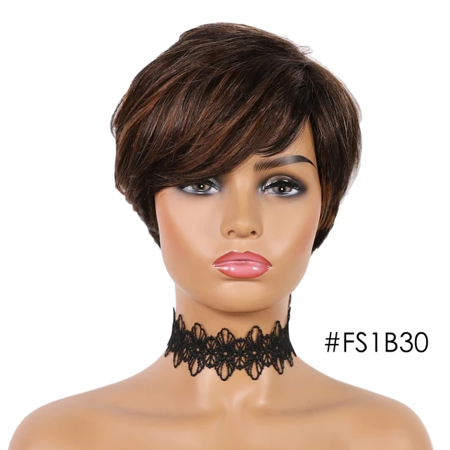 SSH Short Human Hair Wigs Pixie Cut Straight Remy Brazilian Hair for Black Women Machine Made Highlight Color Cheap Glueless Wig FS1B30