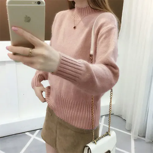 light pink PEONFLY корейский стиль женские свитера и пуловеры Зима Свободный длинный рукав вязаный свитер женский синий зеленый - Цвет: light pink