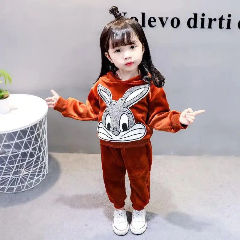 Зимний костюм для маленьких мальчиков и девочек 1-6 лет, новые двухсторонние толстовки с капюшоном из плотного бархата золотого цвета с изображением кролика и Микки, теплый флисовый комплект из двух предметов - Цвет: 3