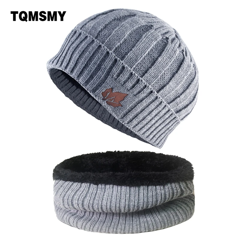 

Winter Knitted wool Hats for Men Beanies keep Warm bonnet Maple leaf pattern hat scarf Sets Women Double layer velvet caps gorro