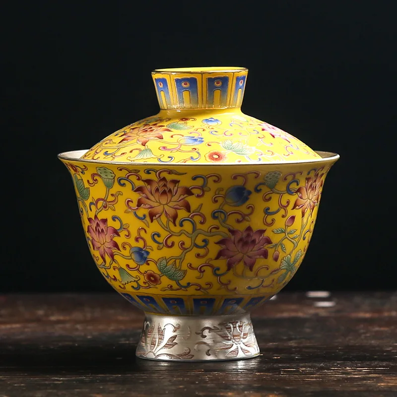 

Silver Tea Set, 999 Rich, Huanggai Bowl, Kungfu Tea Set, Jingdezhen Enamel, Silver Gilded Tea Cup, Sancai Large Bowl