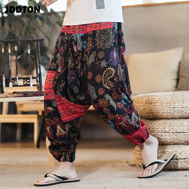 

JDDTON Men Spring Cotton Linen Harem Casual Ethnic Jogger Printing Pants National Style Streetwear Loose Beam Male Trouser JE064