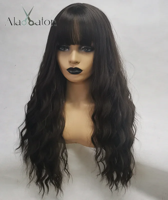 ALAN EATON длинные волнистые парики с челкой термостойкие синтетические волосы черный парик высокотемпературное волокно для женщин афро-американский
