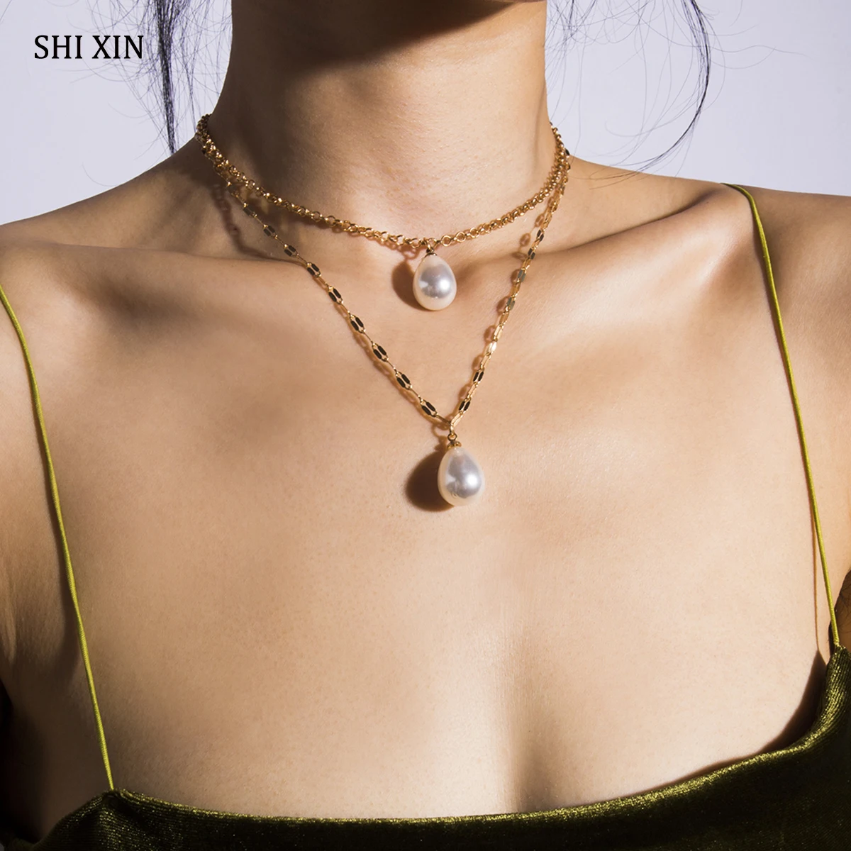 SHIXIN, очаровательное жемчужное многослойное ожерелье для женщин, простая цепочка, жемчужное ожерелье с подвеской, массивное модное ювелирное изделие, женское ожерелье, подарок