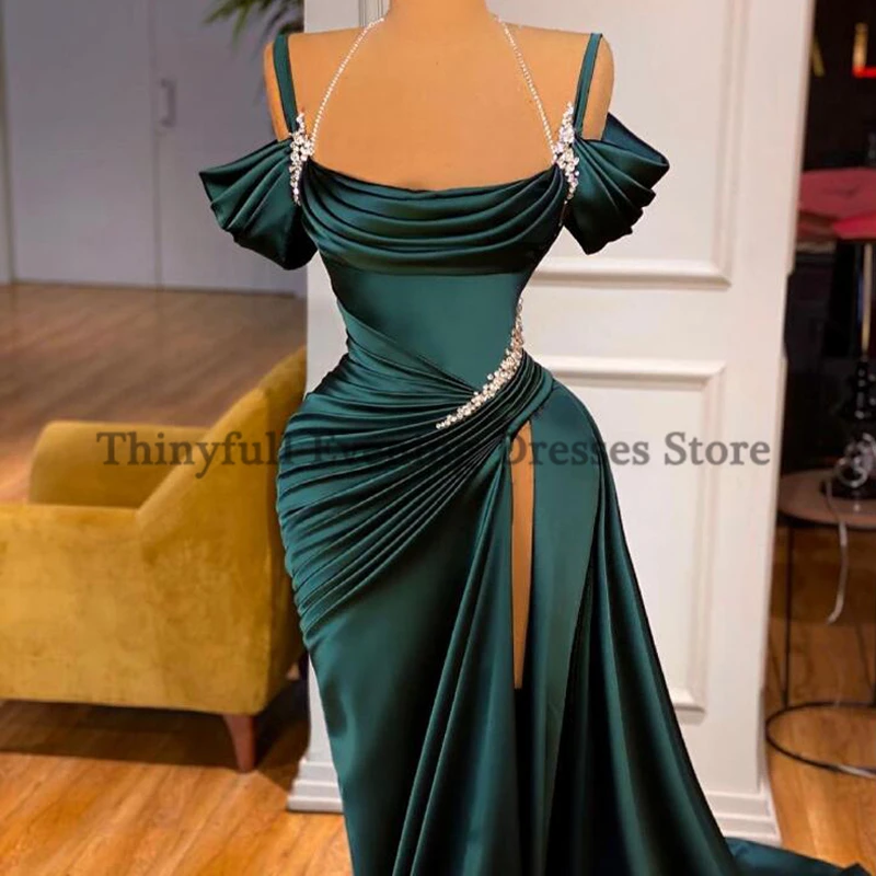 Thinyfull Dark Green Prom Dress Sexy Beadings Floor Length Mermaid Off Shoulder Split Evening Dresses Dubai Arabic Custom Made yellow formal dresses