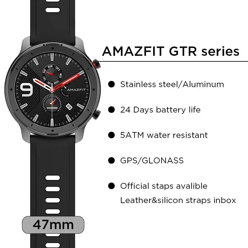 Цена Глобальная версия Amazfit GTR 47 мм Смарт часы 5ATM водонепроницаемые умные часы 24 дня батарея font b gps b font управление музыкой кожаный силиконовый ремешок