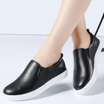 

2020 Spring Women Leather Loafers Fashion Ballet Flats Sliver White Black Shoes Woman Slip On Loafers Boat Shoes Moccasins