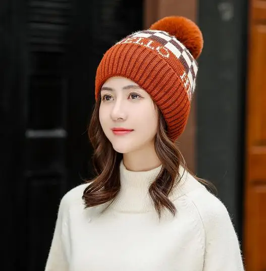 COKK зимняя вязаная шапка с шарфом, бархатный уплотненный комплект для женщин, женские зимние шапочки с помпоном, шапка для женщин, сохраняющая тепло - Цвет: brown hat
