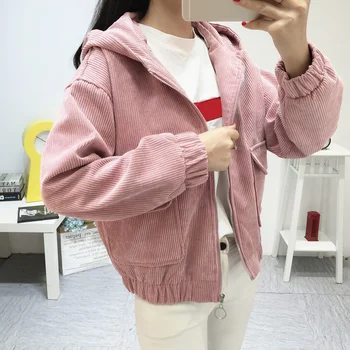 

Women Hooded Corduroy Jacket 2020 Spring Fashion Long Sleeve Casual Jacket Coat Women Basic Loose Short Jacket Female Outerwear