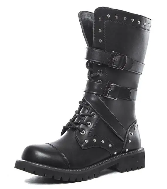 Мужские кожаные ботинки в байкерском стиле; военные ботинки до середины икры; ботинки в стиле панк с ремешком в готическом стиле; Мужская обувь; армейские ботинки - Цвет: 58222