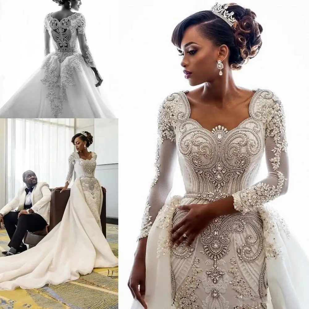 

Beading African Wedding Dresses Crystals Overskirts Luxury Long Sleeves Sheath Detachable Train Bridal Gowns Custom