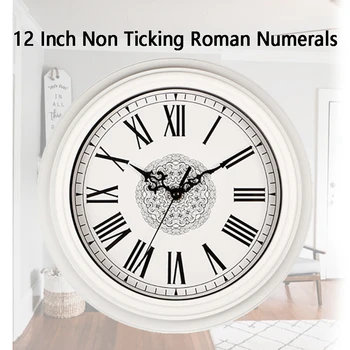 

12 Inch Retro Non Ticking Round Roman Numerals Wall Clock Vintage Style Living Room Hanging Bedroom Battery Powered Home Decor