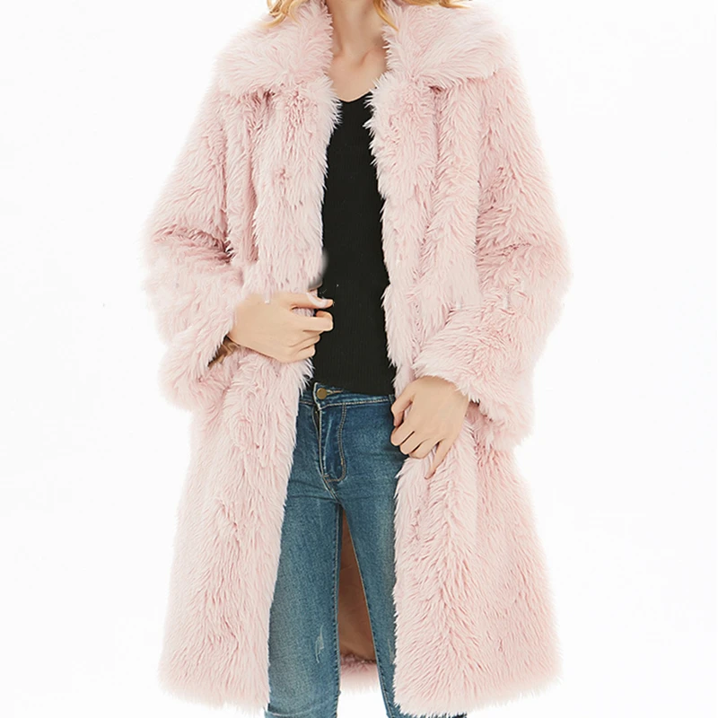 Новинка зимы, женское длинное толстое розовое пальто из искусственного меха, искусственный мех, плюшевый мишка, белый пушистый теплый пиджак с отворотом, женская одежда больших размеров