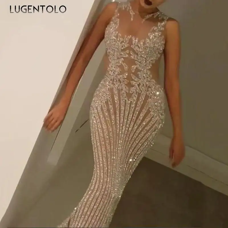Женское сексуальное платье Lugentolo летнее кружевное с блестками для танцев