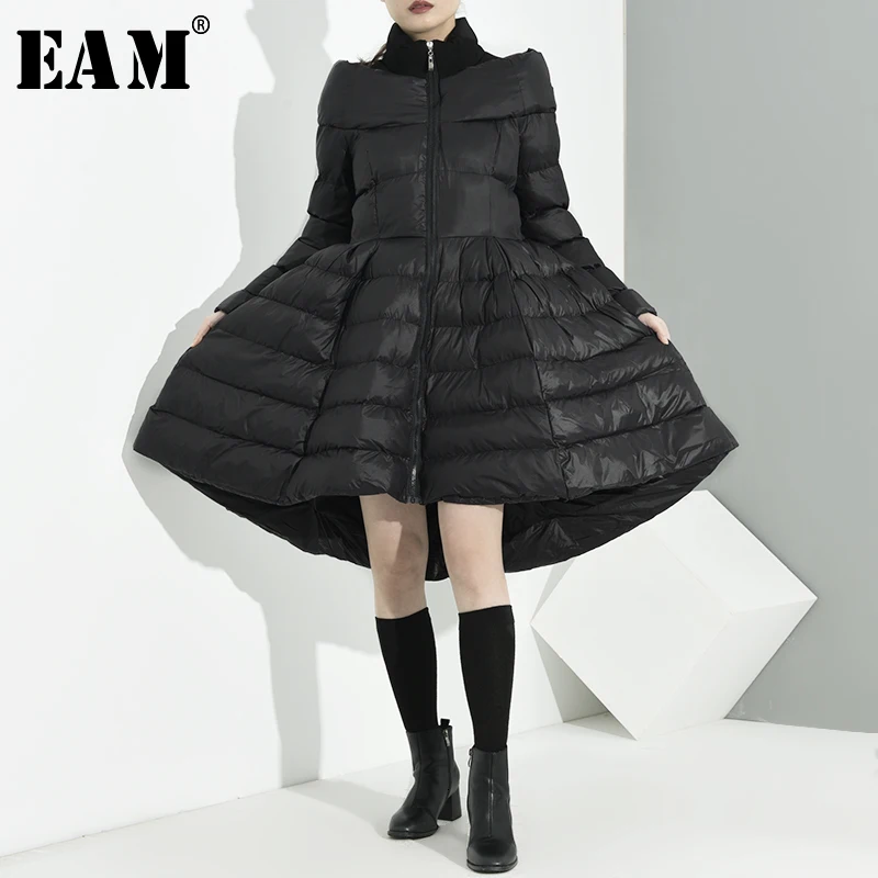 [EAM] Асимметричное пальто на подкладке из хлопка с высоким воротником и длинным рукавом, Свободная Женская парка, модная новинка осень-зима, 1H10001
