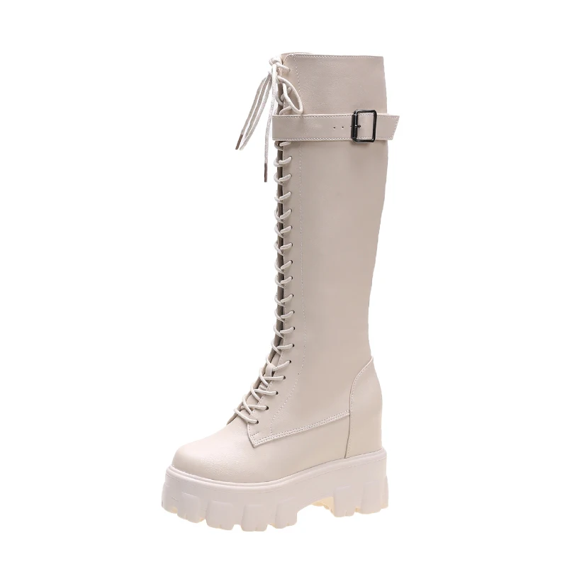 patent leather knee high boots fashion women's increased shoes winter warm lace-up long boots platform punk boots - Цвет: beige