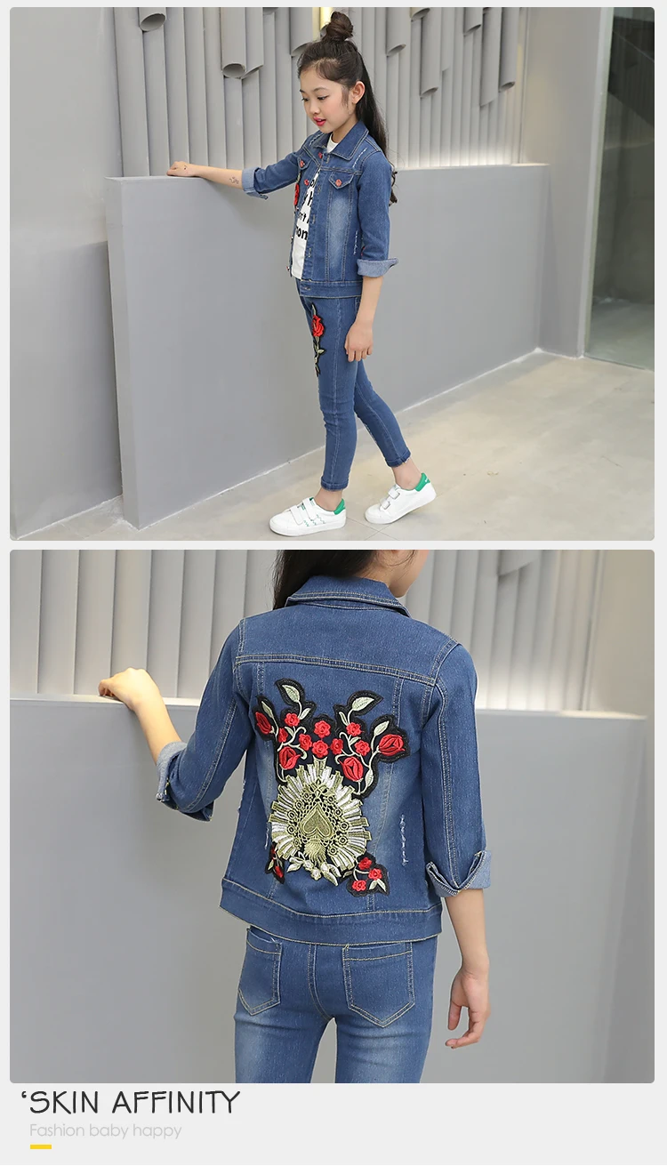 2 Pieces Long Sleeve Denim Sets Blue Washed Embroidered Flower Girls Kids Clothes Clothing Denim Jacket Set For 5-14 Years