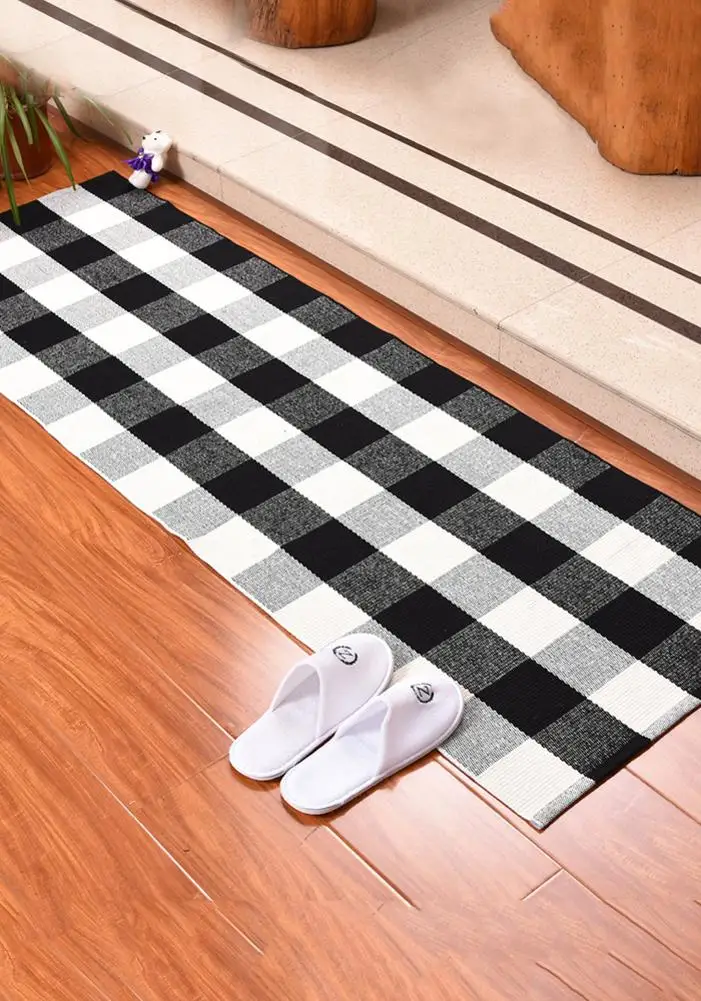 

Cotton Buffalo Plaid Rugs Black And White Checkered Rug Welcome Door Mat Rug Washable Woven Braided Throw Mat