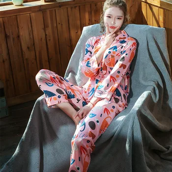 

New Fashion Printing Ladies Long Sleeve Lapel Sweet Pajamas Set Simulation Silk Home Service Spring Summer Pijamas Women Sexy