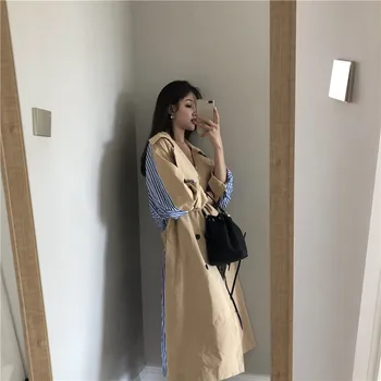 

Fashion Loose Women Striped Splicing Trench Coat With belt Autumn 2020 Female Mid-length Turn-down Double breasted Windbreaker