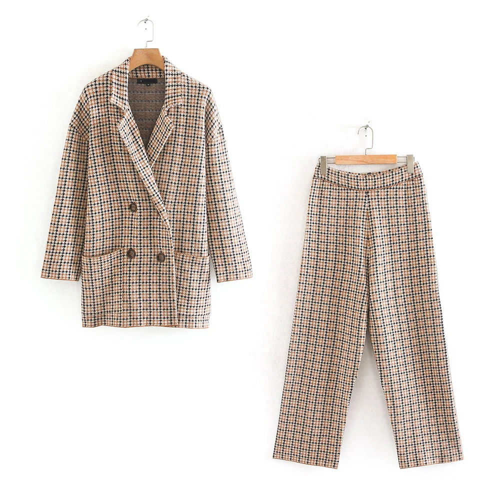 ZA женский вязаный комплект из двух предметов, двубортный пиджак с лацканами, клетчатые широкие брюки, Осень-зима, Черная пятница - Цвет: Suit