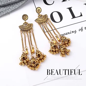 

New Europe and American Retro Exaggerated Metal Tassel Earrings Female National Fan-shaped Lanterns Small Ball Earrings Gold